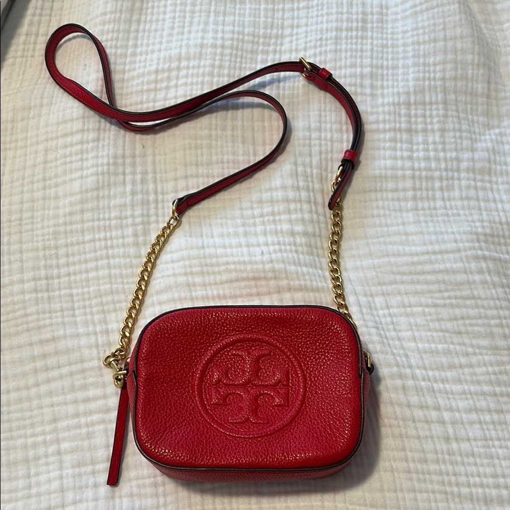 Tory Burch Red Pebbled Leather Crossbody with Gold Chain